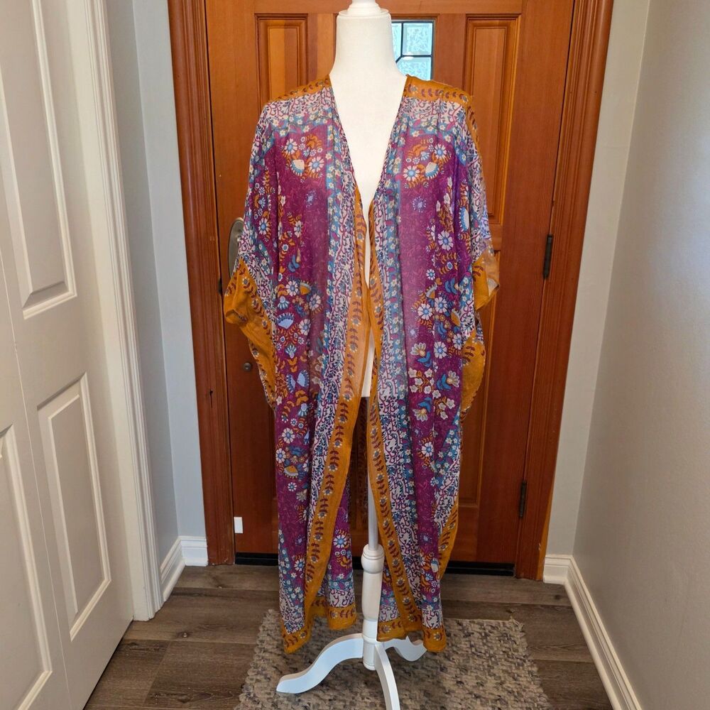 Natural Life Coverup Tunic Womens One Size OS Purple Floral Boho Duster Kimono